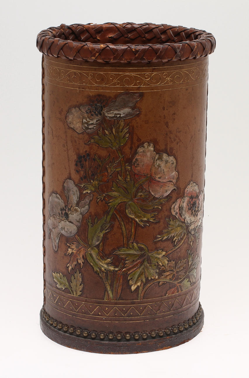 PARAPLY/KÄPPSTÄLL, läderklädd, jugend, 1800/1900-tal.