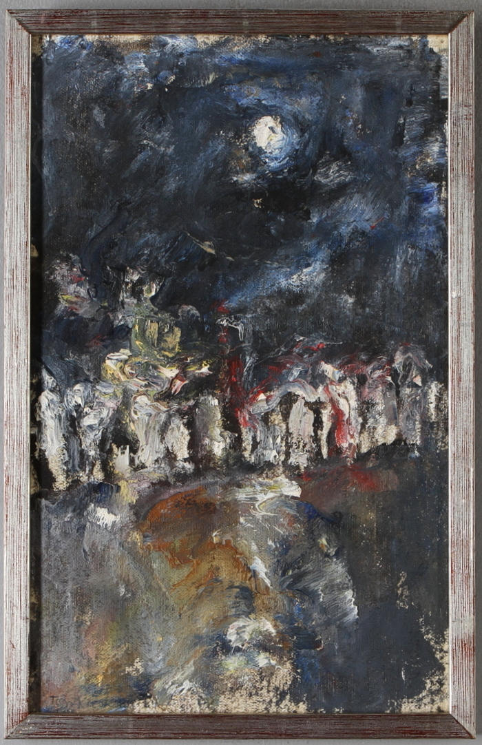 TOM KRESTESEN. "Procession vid påsk", olja på pannå, signerad.