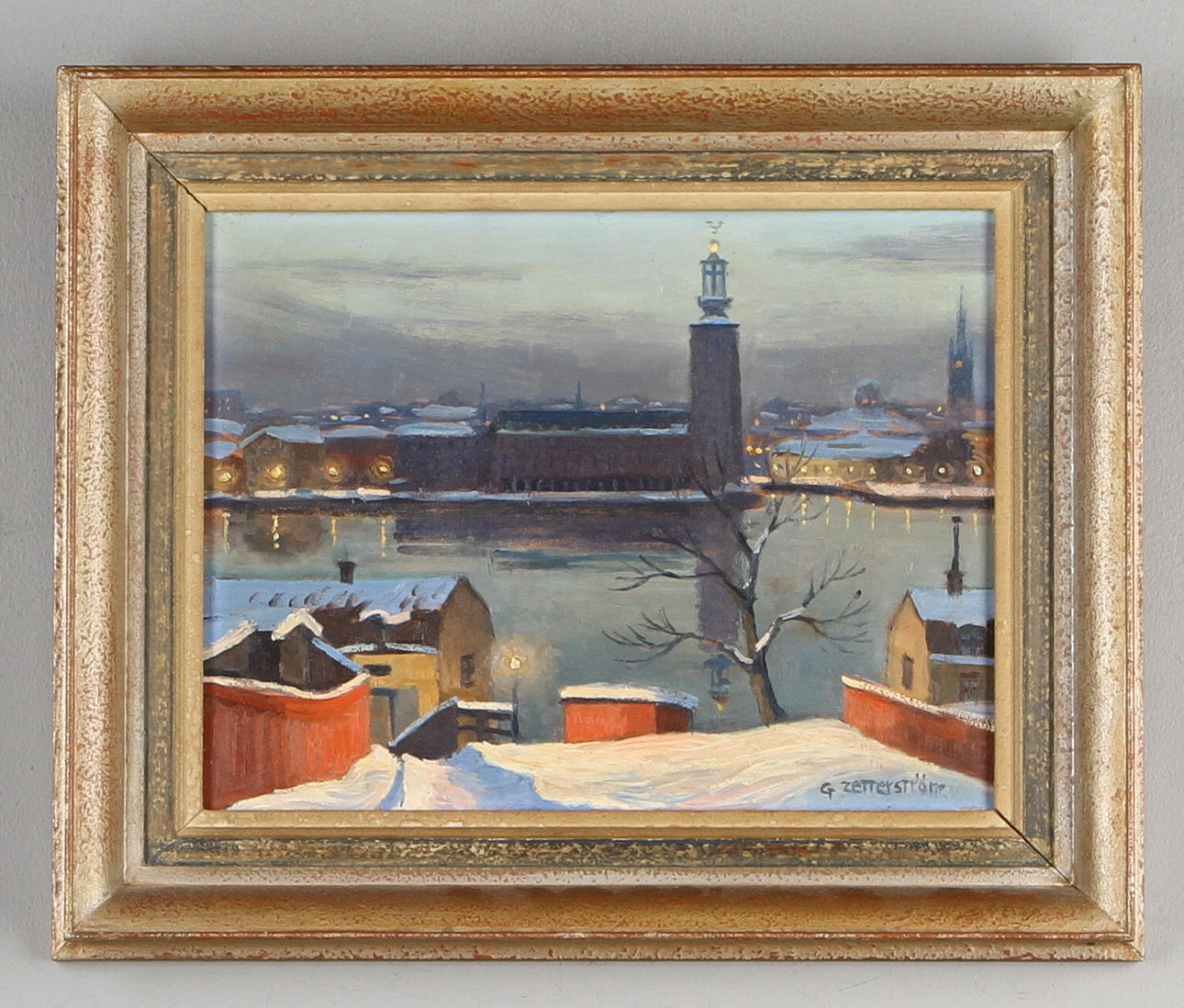 GUNNAR ZETTERSTRÖM. Utsikt mot Stadshuset Stockholm, olja på pannå, signerad.