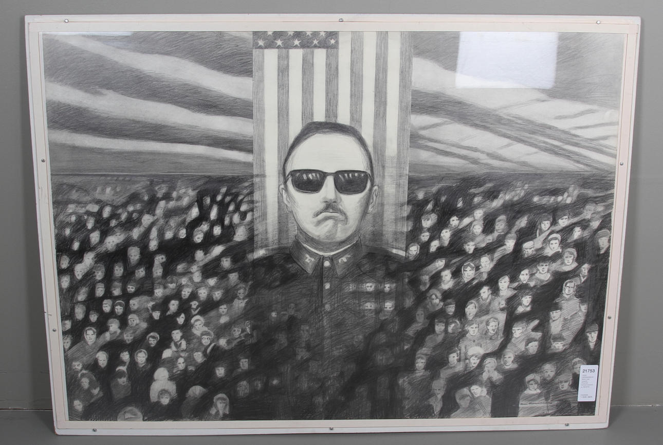 HANS HERMANSSON. Motiv med Augusto Pinochet. Kol/pennteckning, signerad.