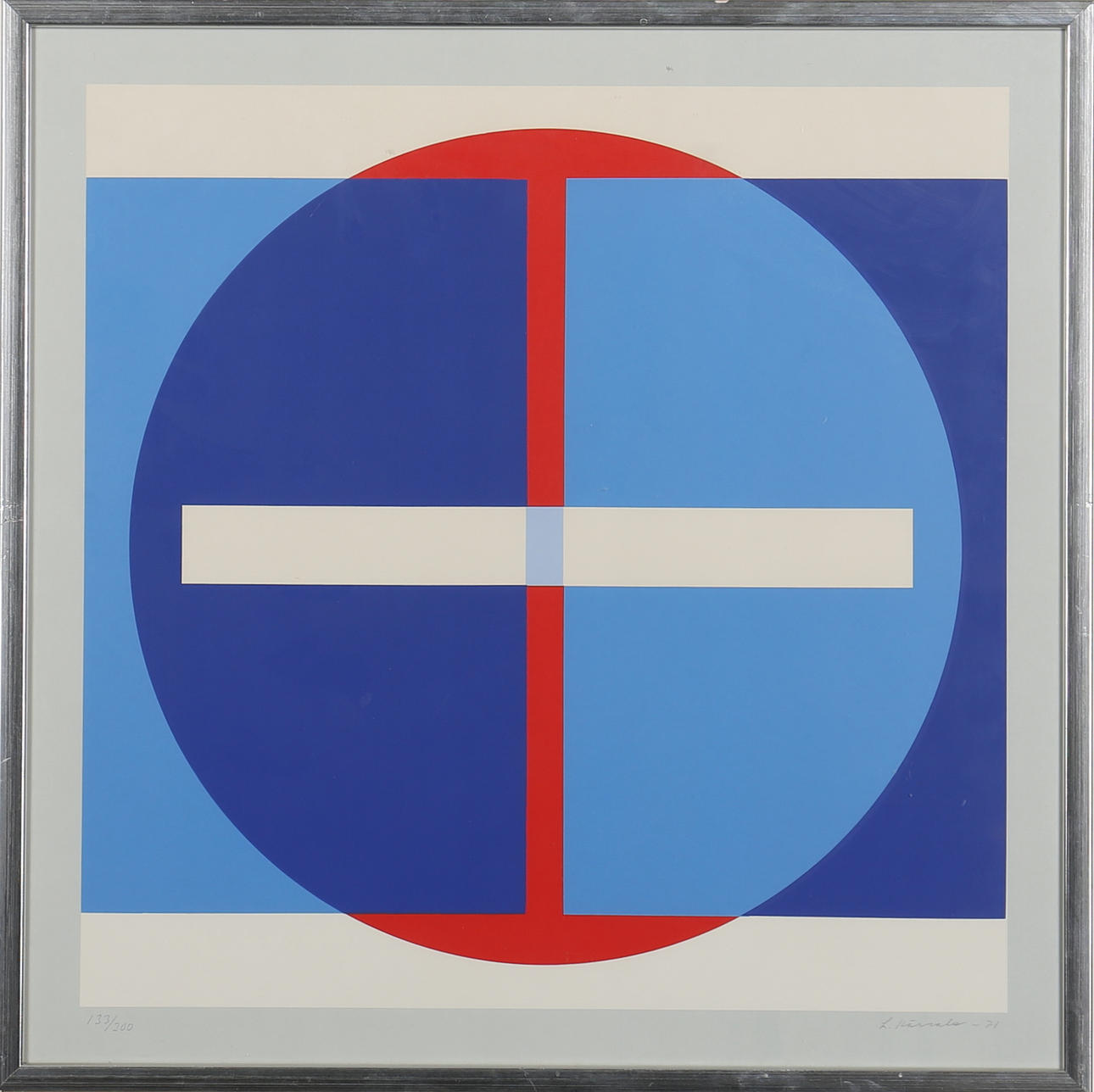 LENNART KÄRRABO. Färgserigrafi. Geometrisk komposition. Signerad L. Kärrabo. Numrerad 133/300. Daterad -71.