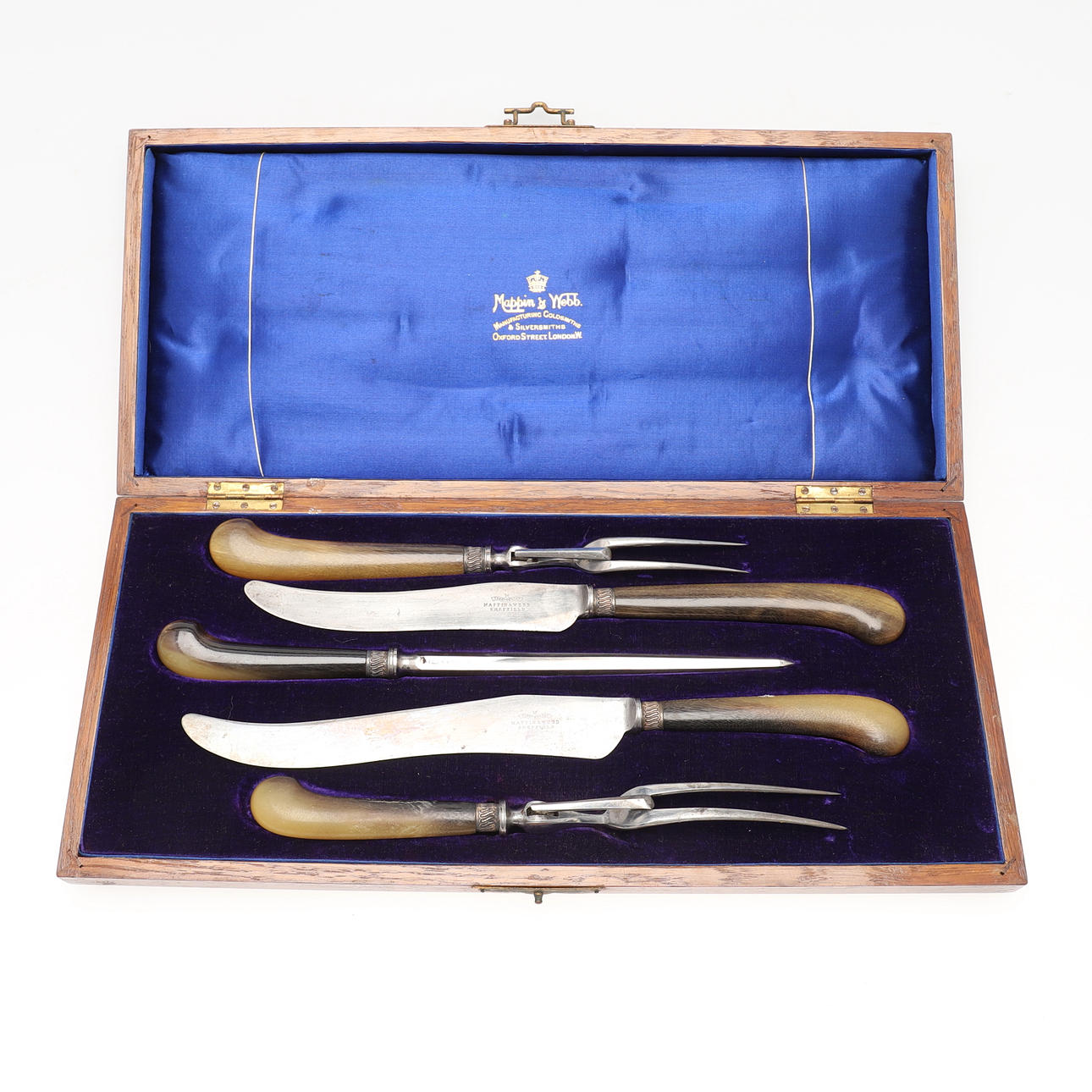 MAPPIN & WEBB. A CASED BONE HANDLED CARVING SET.
