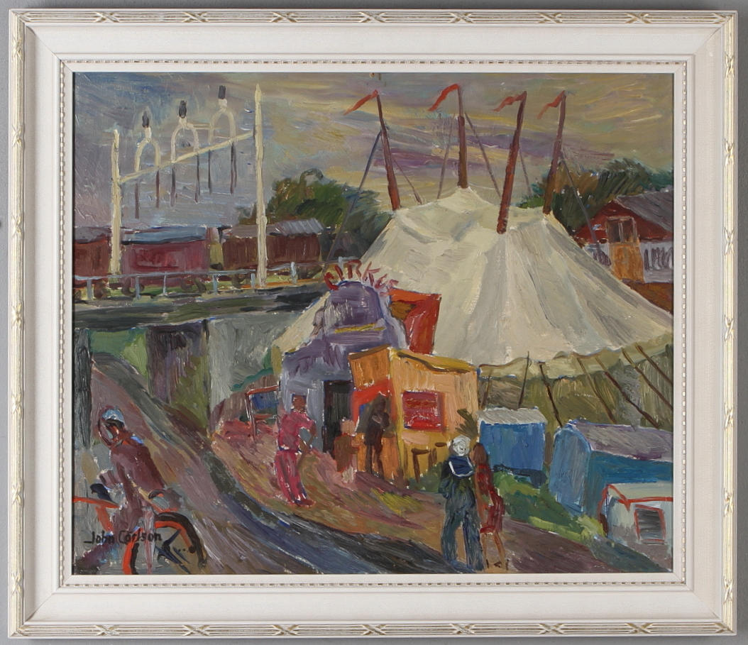 JOHN CARLSON. Cirkustält, olja på pannå, signerad.