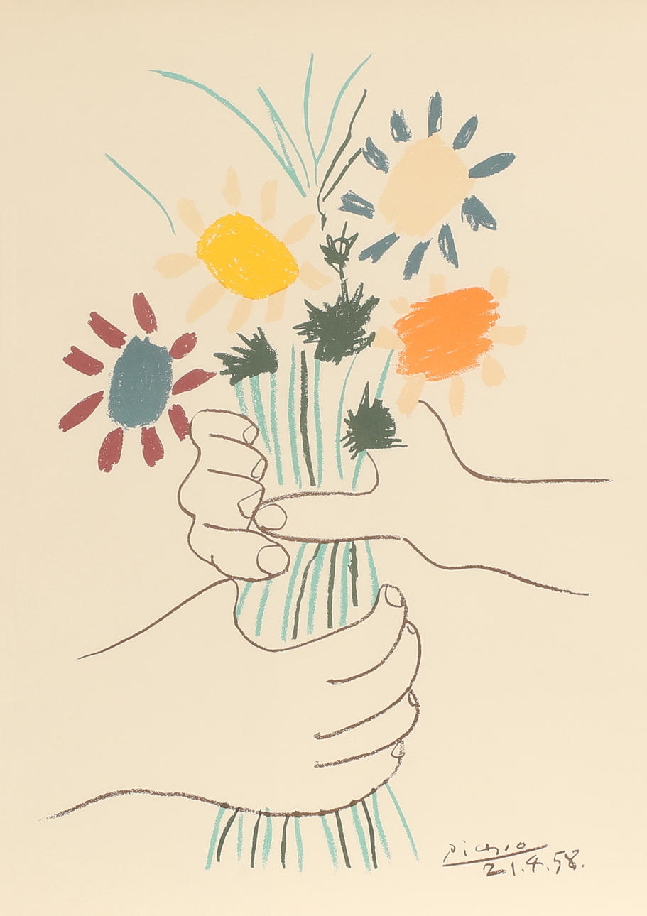 PABLO PICASSO. After. "Fleurs et mains". Color lithograph, printed signature and dating.
