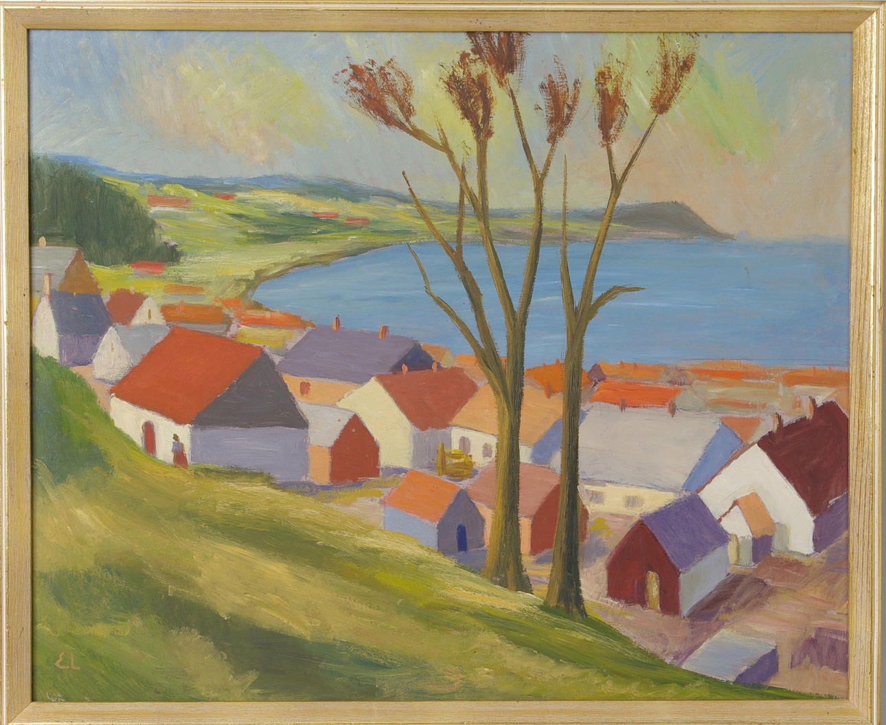 OIDENTIFIERAD KONSTNÄR. "Vik", olja på pannå, monogramsignerad E.L.