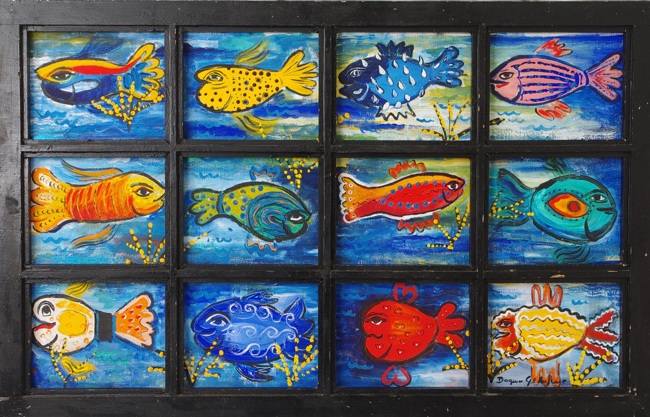 DAGMAR GLEMME. Fiskar bakom fönster, olja på duk, signerad.