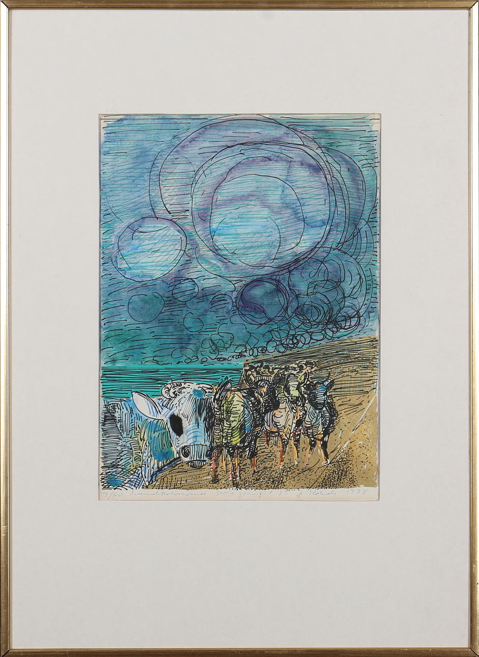 FREDRIK RODHE. Färgserigrafi. Handkolorerad. Kor vid kust. Signerad F Rodhe. Numrerad 9/60. Daterad 1978.