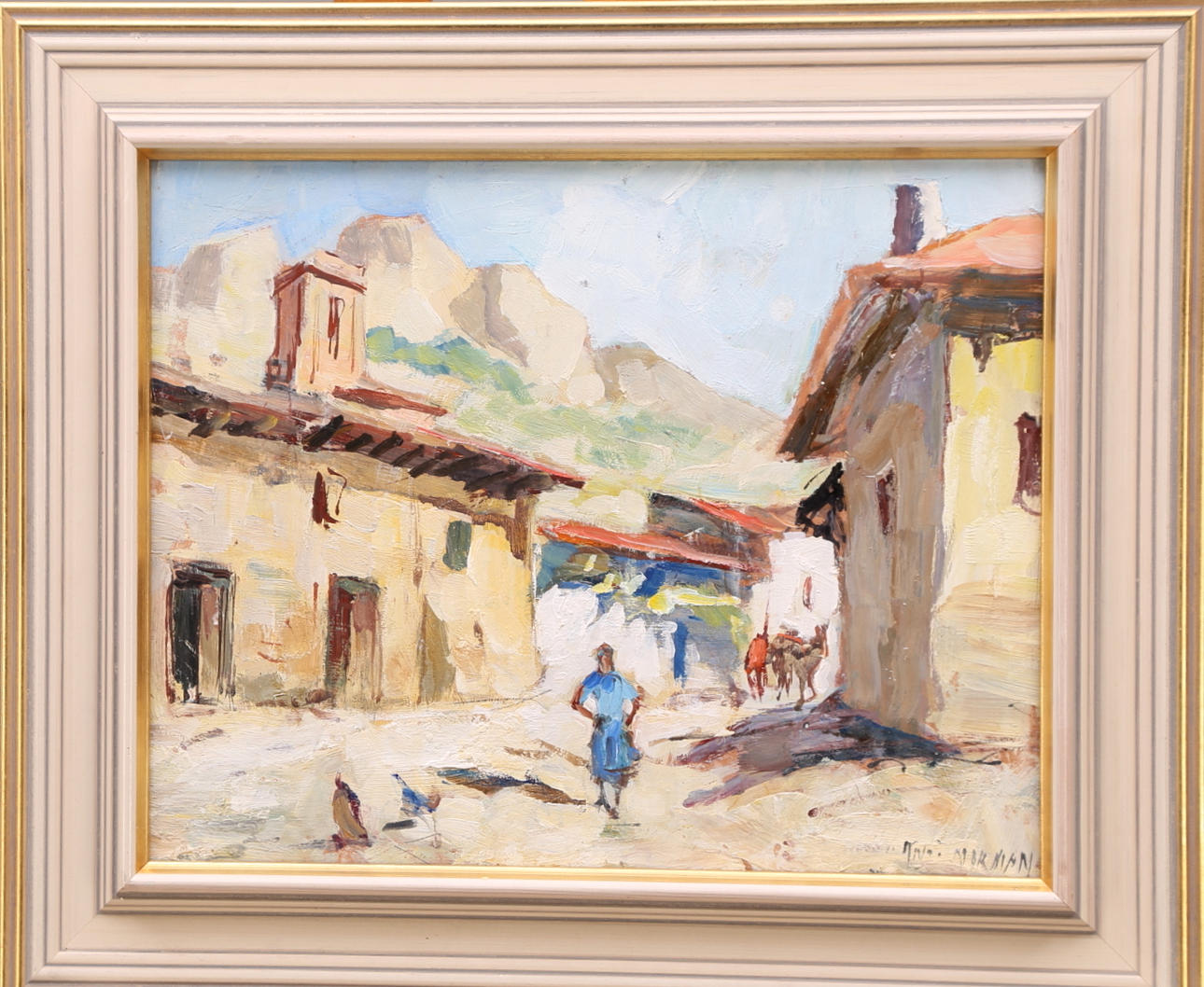 KNUT NORMAN. olja på pannå, signerad Knut Norman, By vid berg.