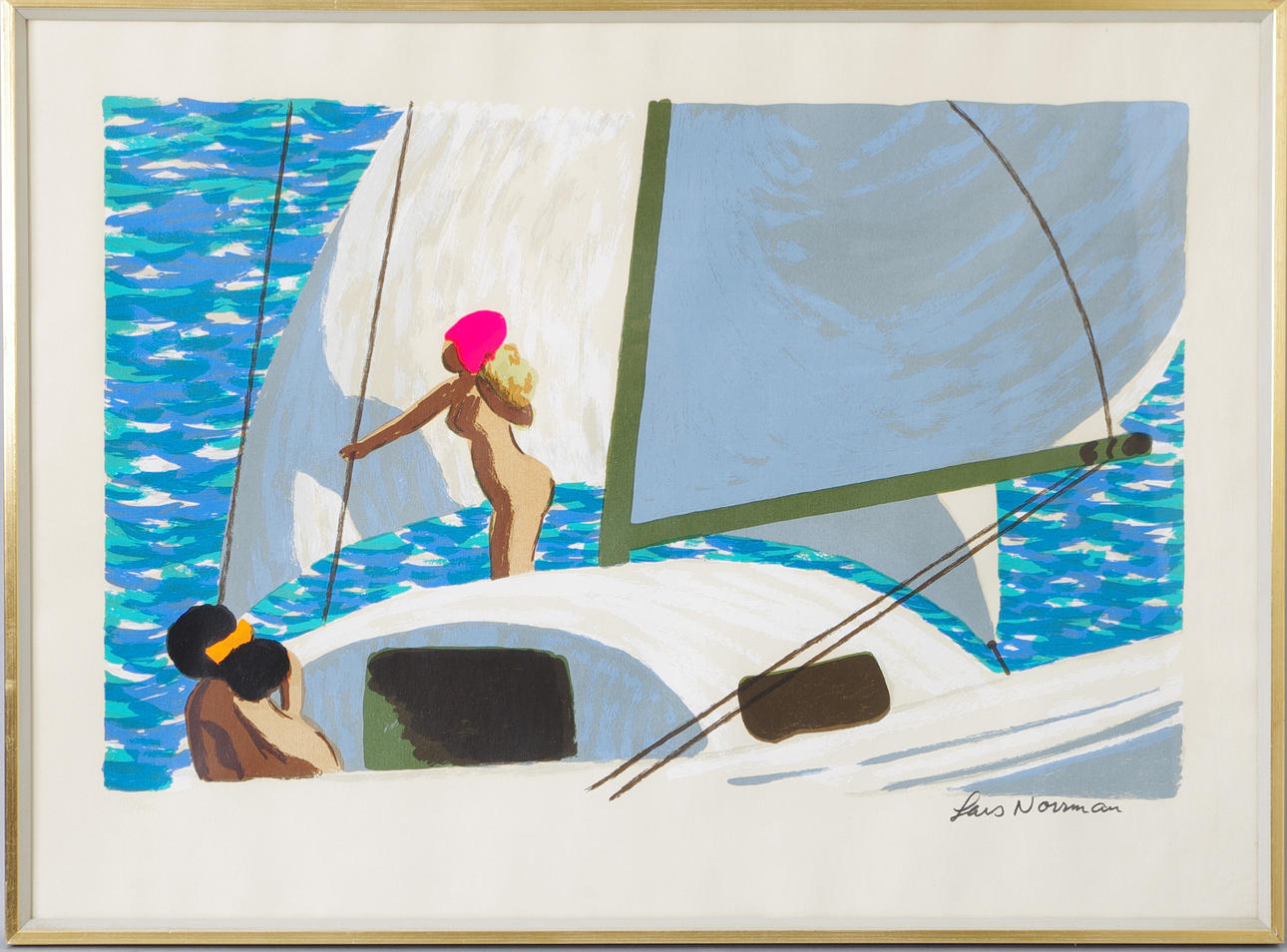 LARS NORRMAN. Kvinnor på segelbåt ur serien Kvinnor,kvinnor, serigrafi, signerad.