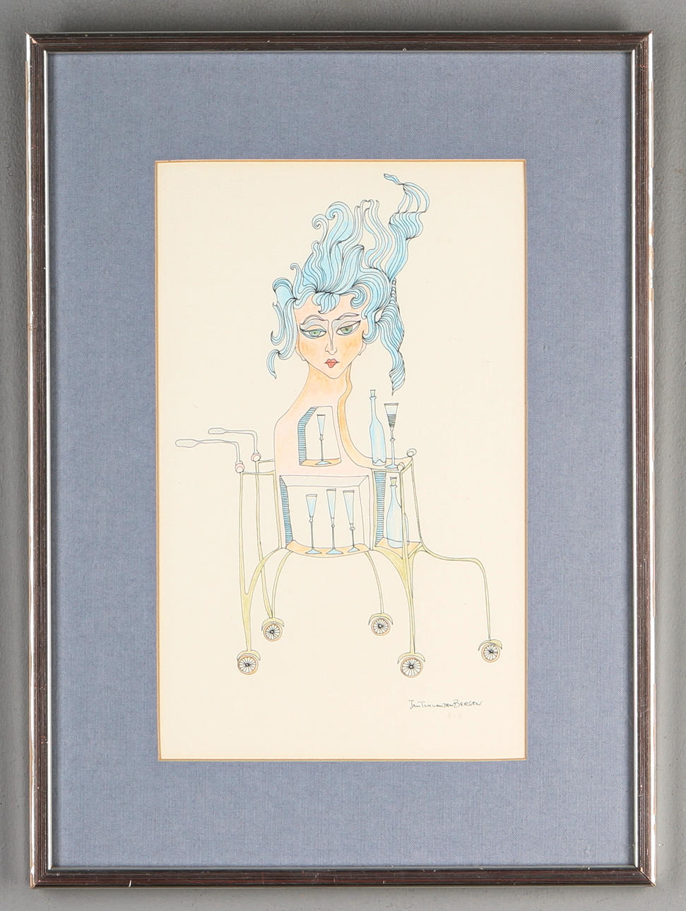 JAN TOM VAN DEN BERGEN. Surrealistisk komposition, blandteknik, signerad.