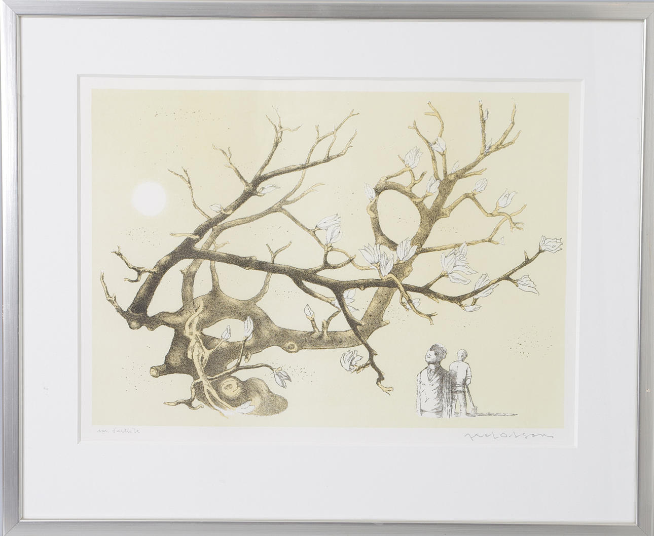 AXEL OLSON. Komposition med träd, färglitografi, signerad.