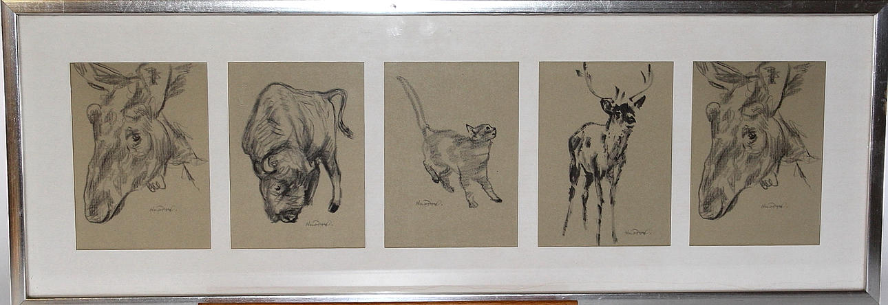 KNÖPPEL. TAVLA, blyerts. 5 st djurmotiv, signerade.
