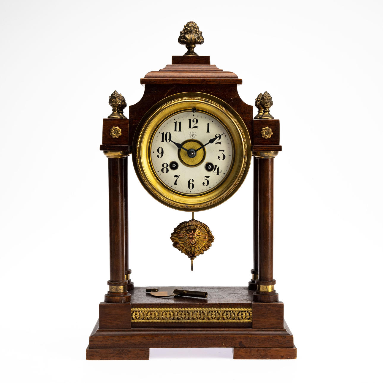 MANTLE CLOCK, Junghans, veneered wood, brass details.