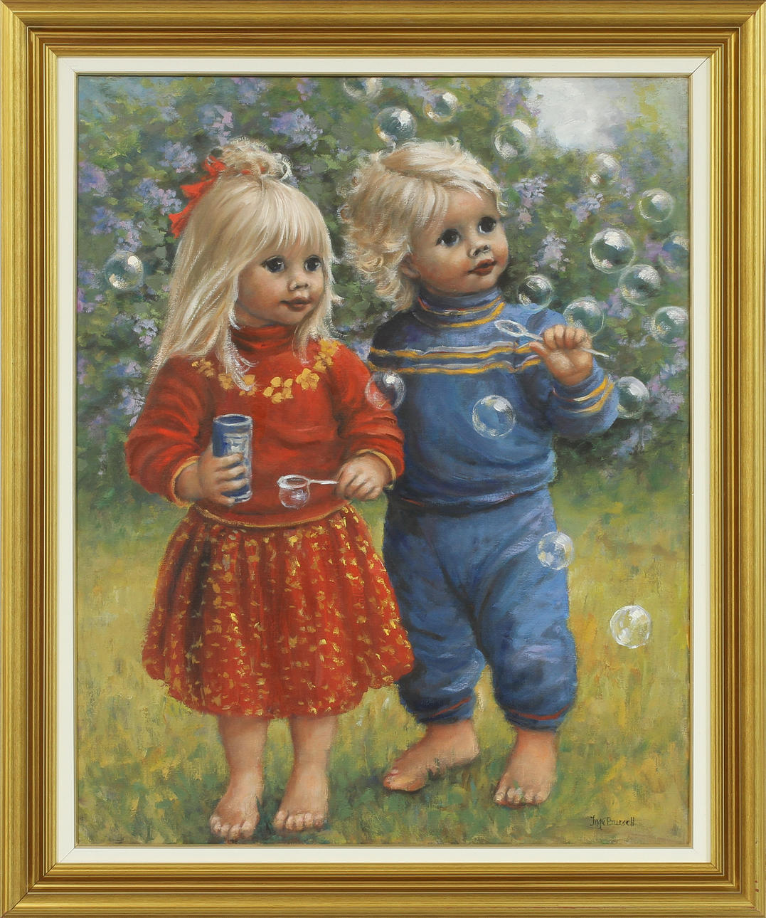 INGA BURSELL. Barn blåser såpbubblor, olja på duk, signerad.