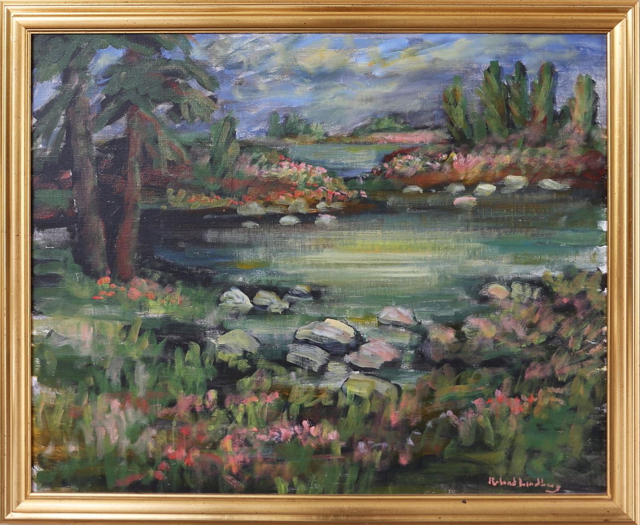 ROLAND LINDBERG. Olja på duk, Insjölandskap.