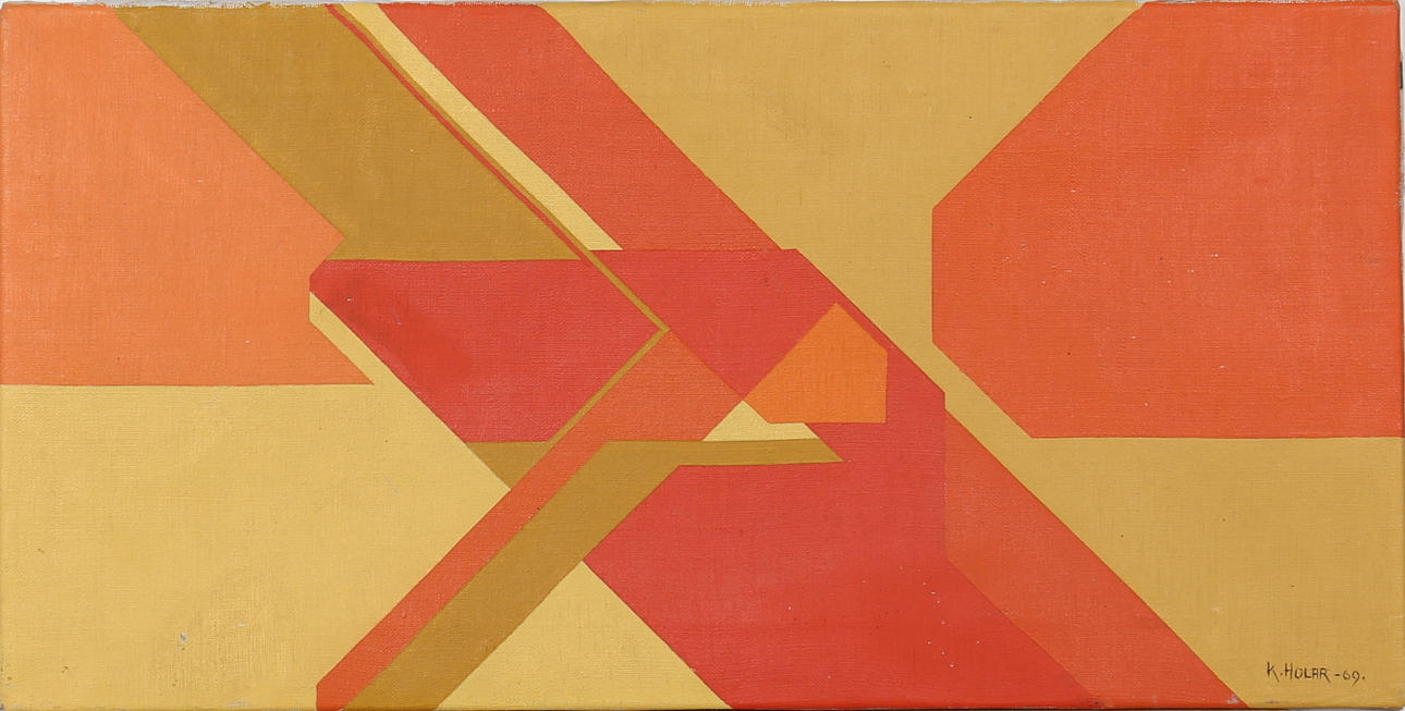 KNUD HOLAR. Olja på duk. Geometrisk komposition. Signerad K Holar. Daterad -69.