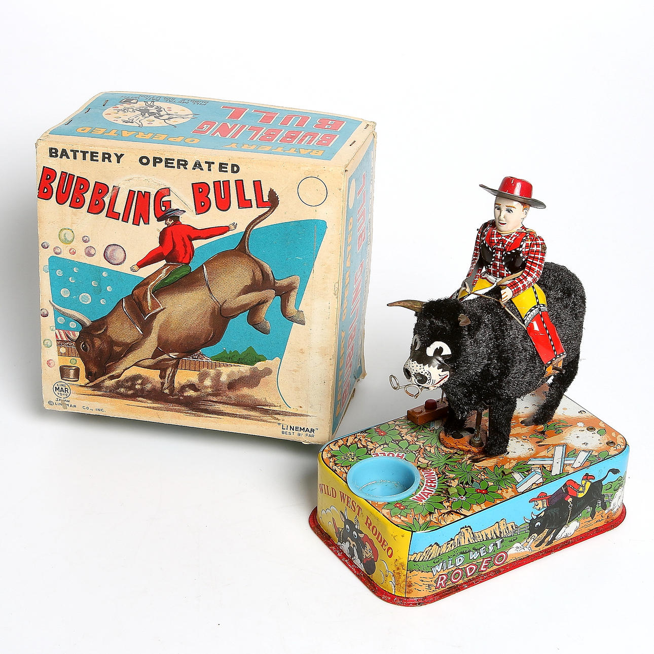 PLÅTLEKSAK, "Bubbling Bull", Wild West Rodeo, Japan, 1950-60-tal.