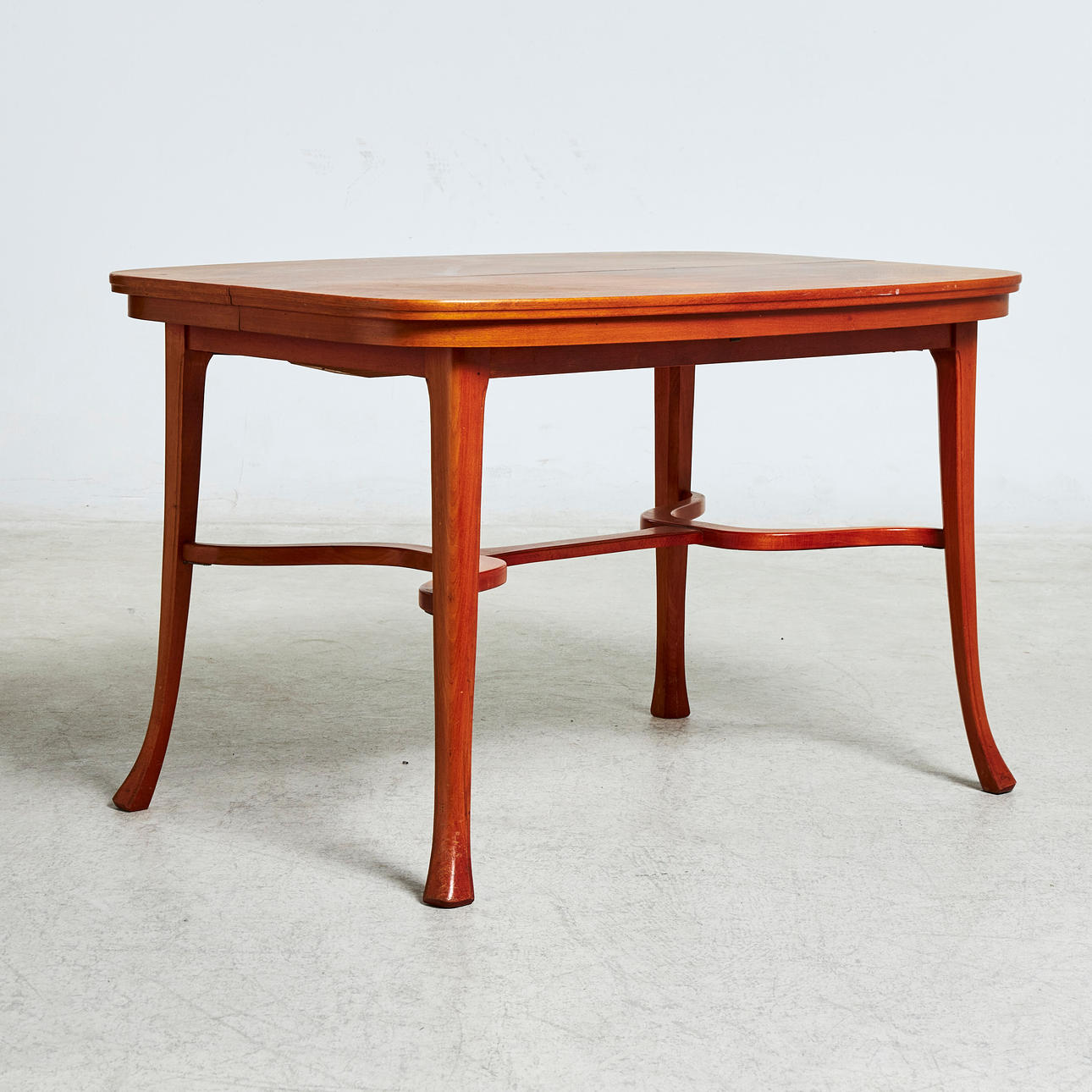 TABLE, adjustable, mahogany veneered, labeled EM, extendable, mid 20th century.