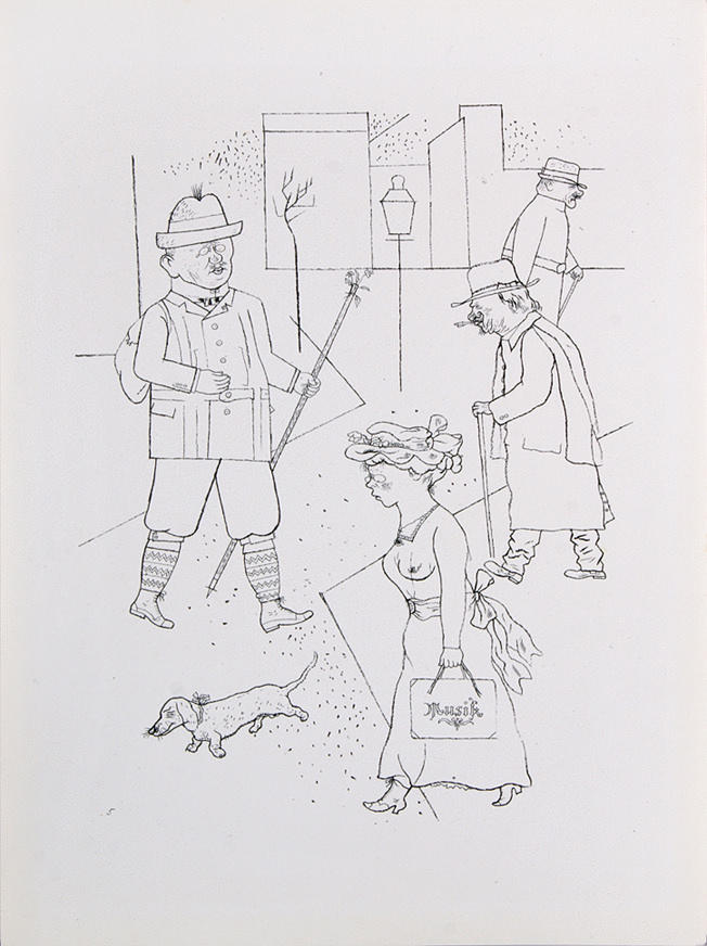 GROSZ, GEORGE. ”Storstadens liv och rörelse.” Litografi/papper 35,5 x 25,5 cm (bladstorlek). L. u. num.: 5. Ramlösa.