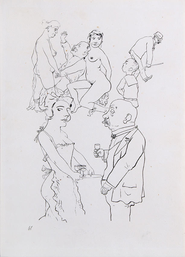 GROSZ, GEORGE. ”Nöje.” Litografi/papper 34 x 24 cm (bladstorlek) L. u. num.: 61. Ramlösa.