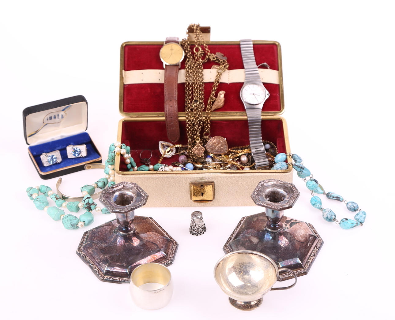 SILVERFÖREMÅL, 6 st, vikt totalt 360 gram + KOSTYMJUVELER, ett parti.