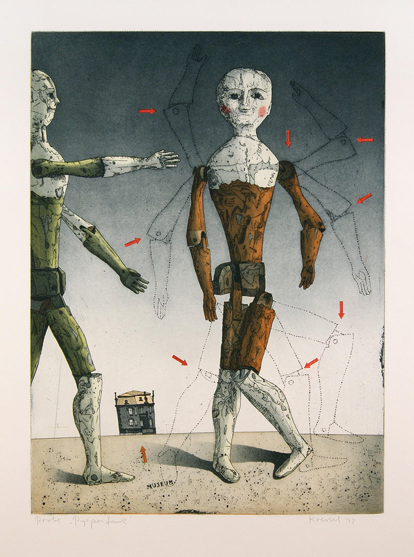 KRESSEL, DIETHER. (1925 Düsseldorf) - ”Puppet Dance” - färg akvatint etsning/papper. 49,5 x 36 cm.
