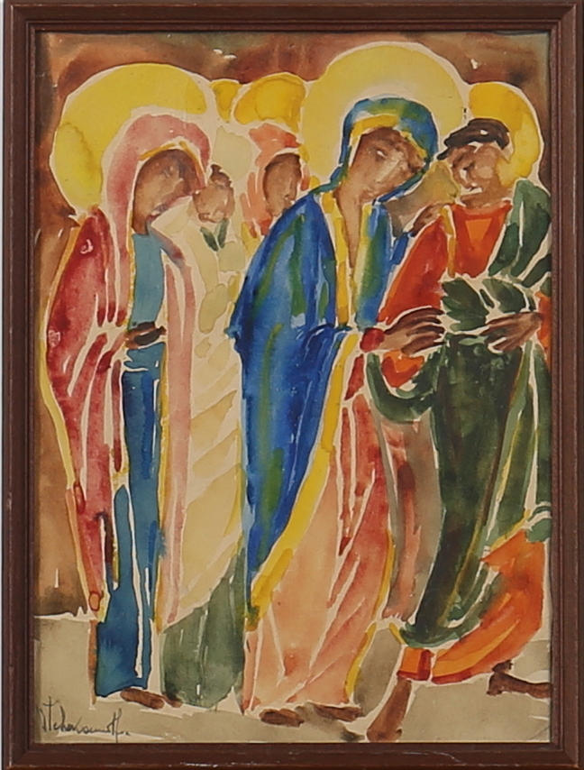 VERA CEKUNOVA. "Påsk 1961". Akvarell. Signerad V Cekonuva.