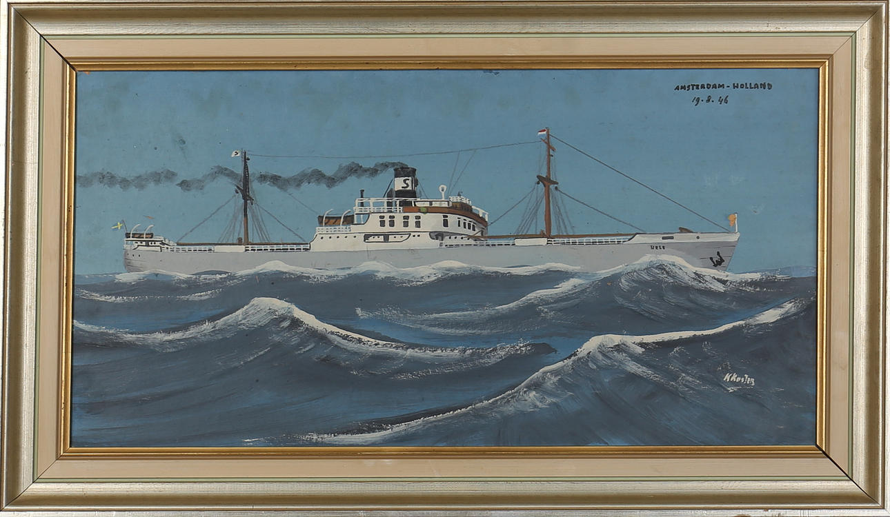 KLAAS KOSTER. Olja på pannå. Skeppsporträtt av båten Bele. Signerad K Koster.