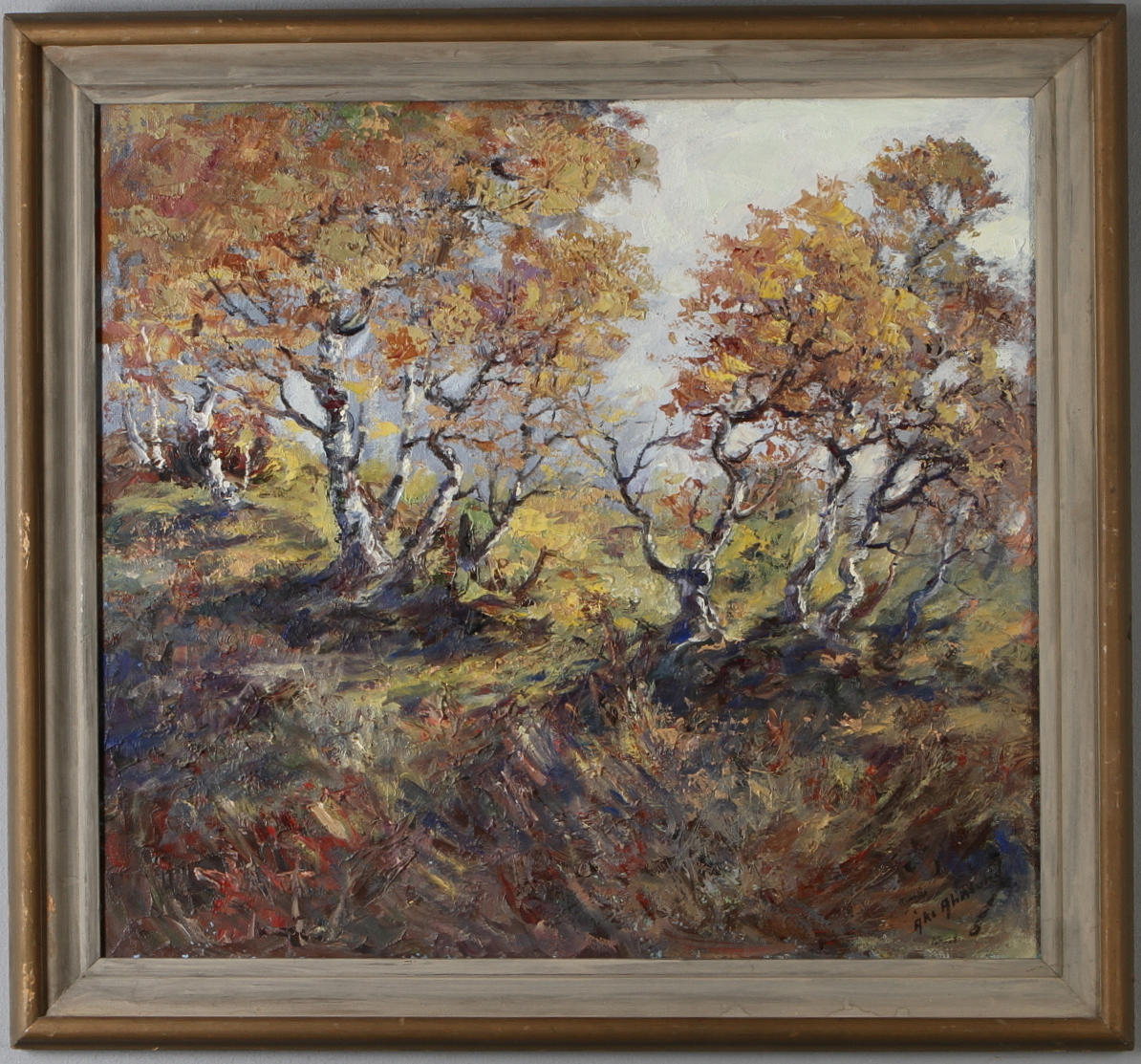 ÅKE AHNLUND. "Fjällbjörkar", olja på pannå, signerad.