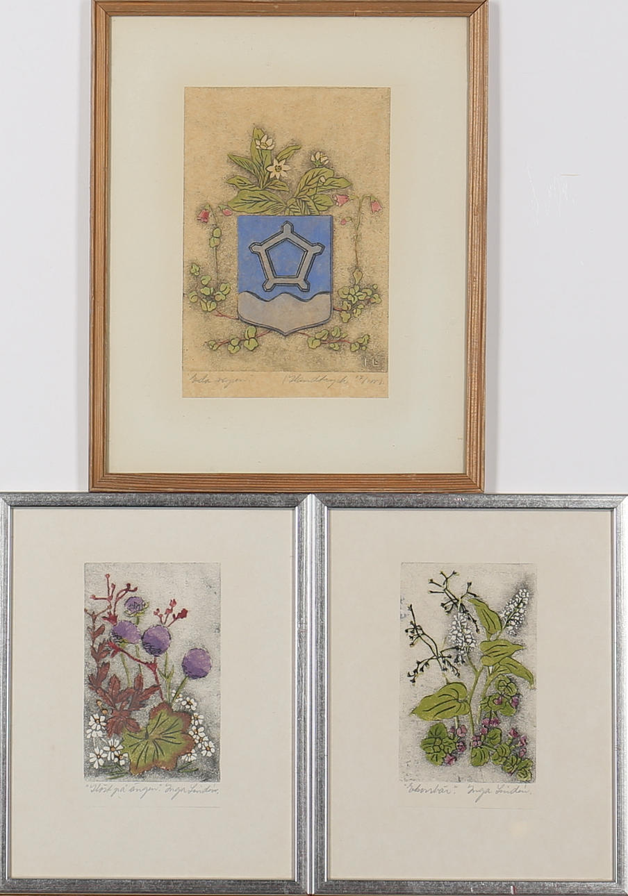 INGA LINDÉN. "Höst på ängen", Bärbuske, Vapensköld. Träsnitt. 3 st. Signerad och numrerad 17/100.