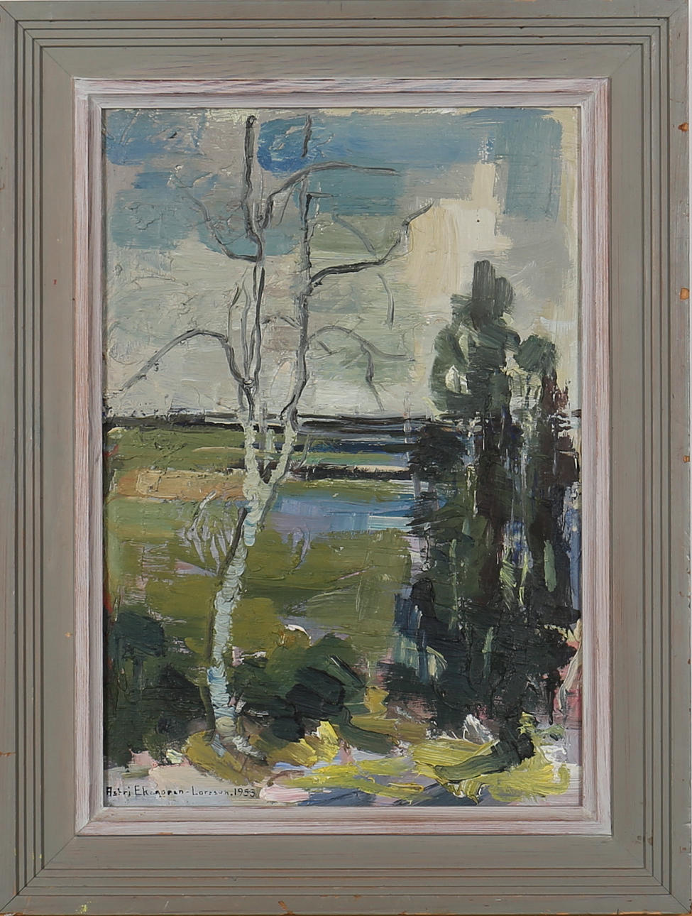 ASTRI EKEGREN-LARSSON. Ungträd vid vatten. Olja på pannå. Signerad och daterad 1953.