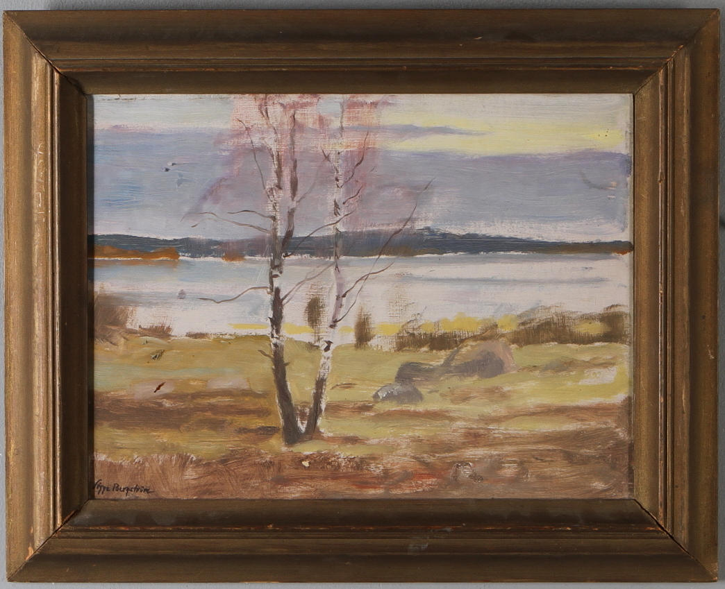 SIGGE BERSTRÖM. Sjömotiv med björk, olja på pannå, signerad.