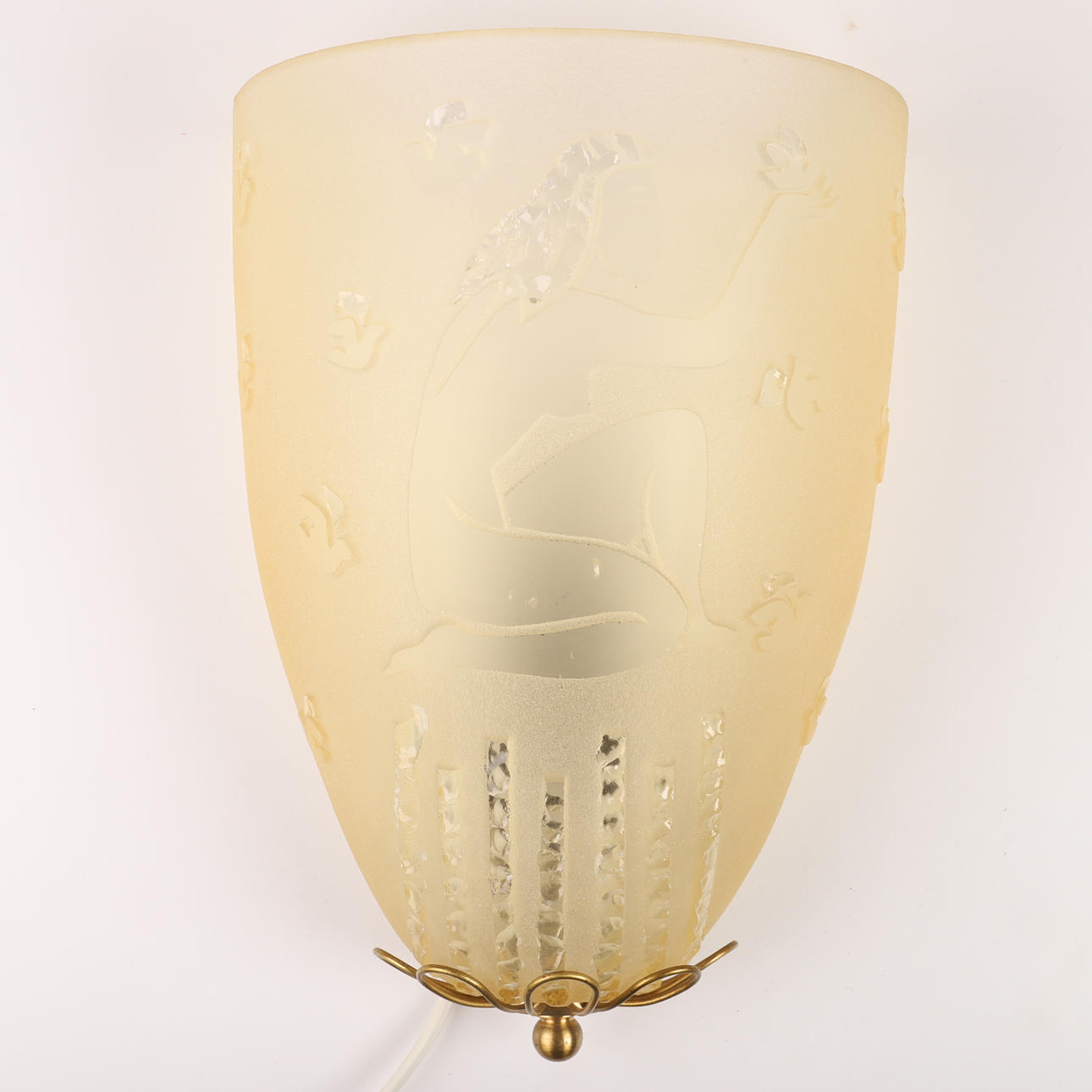 WALL LAMP, etched glass/brass, art deco.