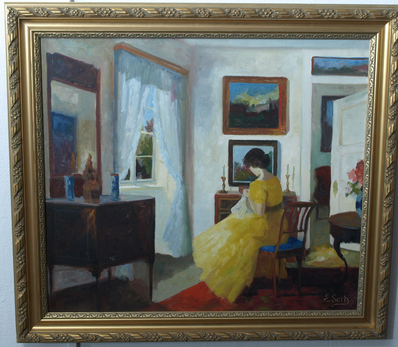 EDITH GERT. Olie på lærred, Interiør, signeret E.Gert.