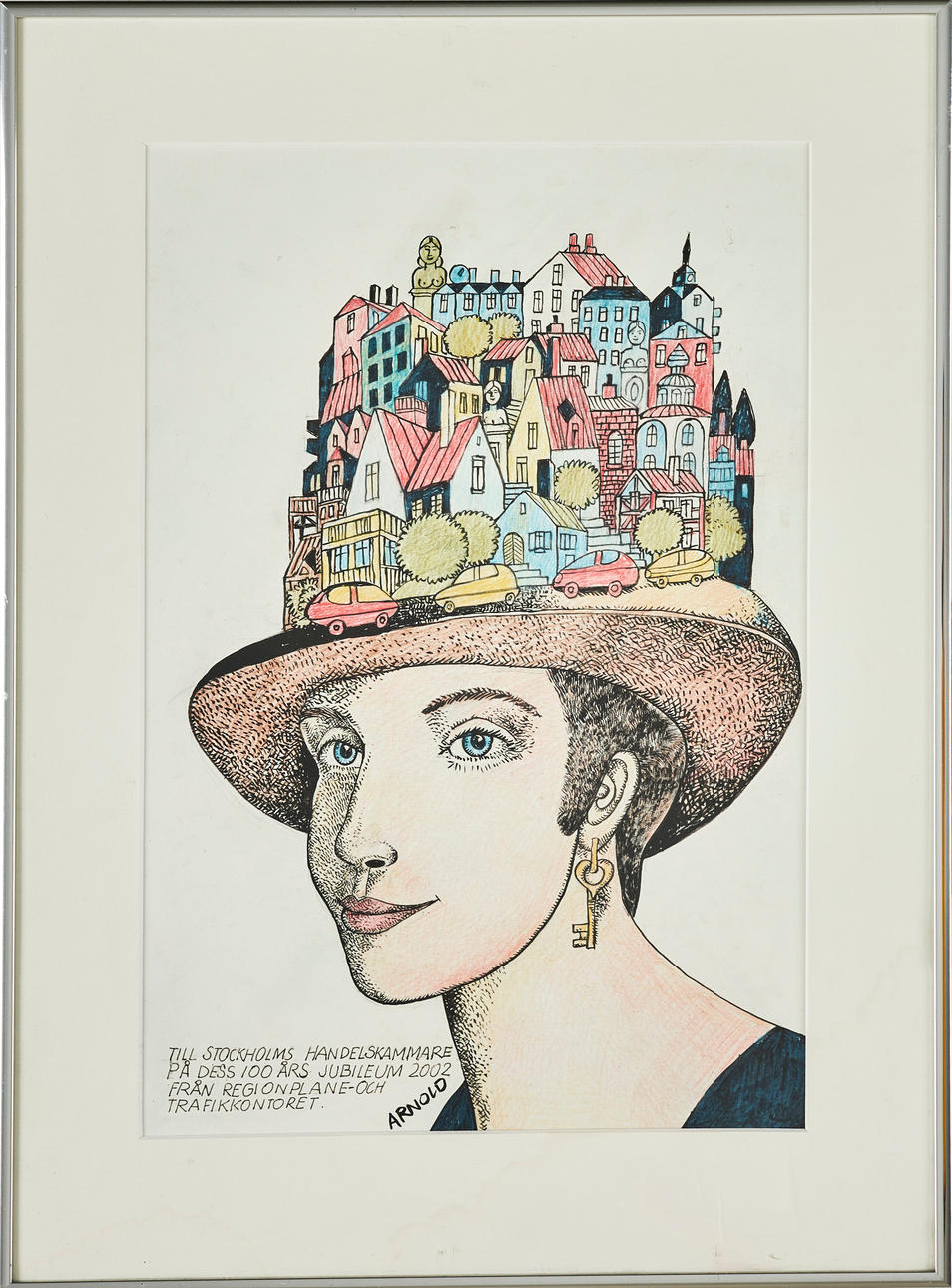 HANS ARNOLD. mixed media, face with buildings, signed and dedication.