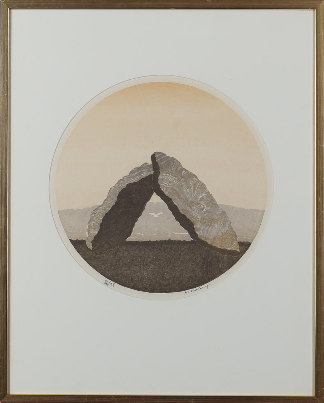 HARRY MOBERG. Stenar med fågel. Färglitografi. Signerad H Moberg. Numrerad 26/35.