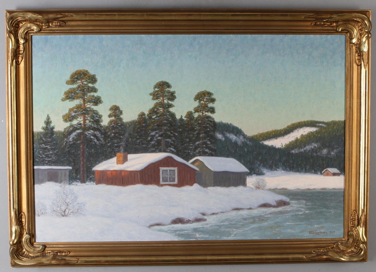 OTTO LINDBERG. Vinterlandskap med stuga, olja på duk, signerad och daterad -52.