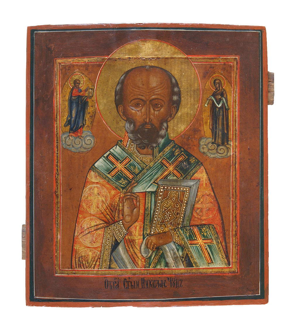 ikon, ”St. Nicholas Wonderworker ”. Ryssland, Palesch School, cirka 18. århundrade.