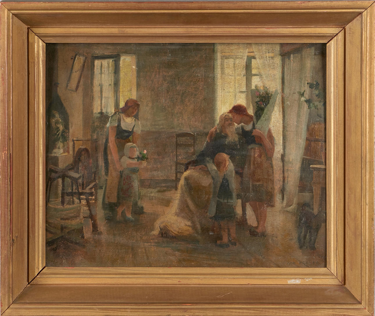 ALFRED VELCHE. Interior with figures, oil on Board, signed.
