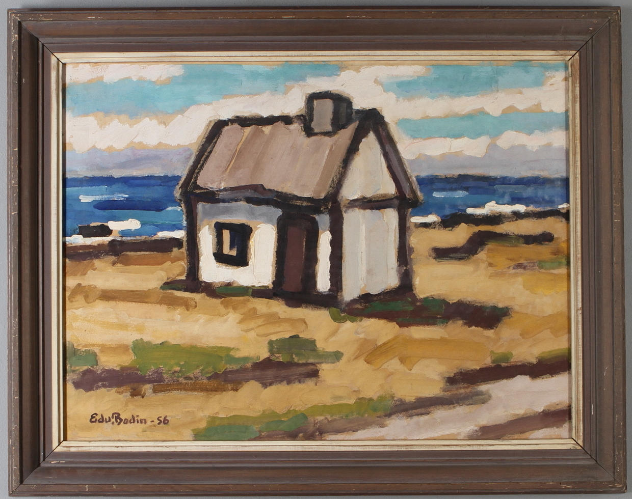 EDVIN BODIN. Stand med hus, olja på pannå, signerad och daterad -56.