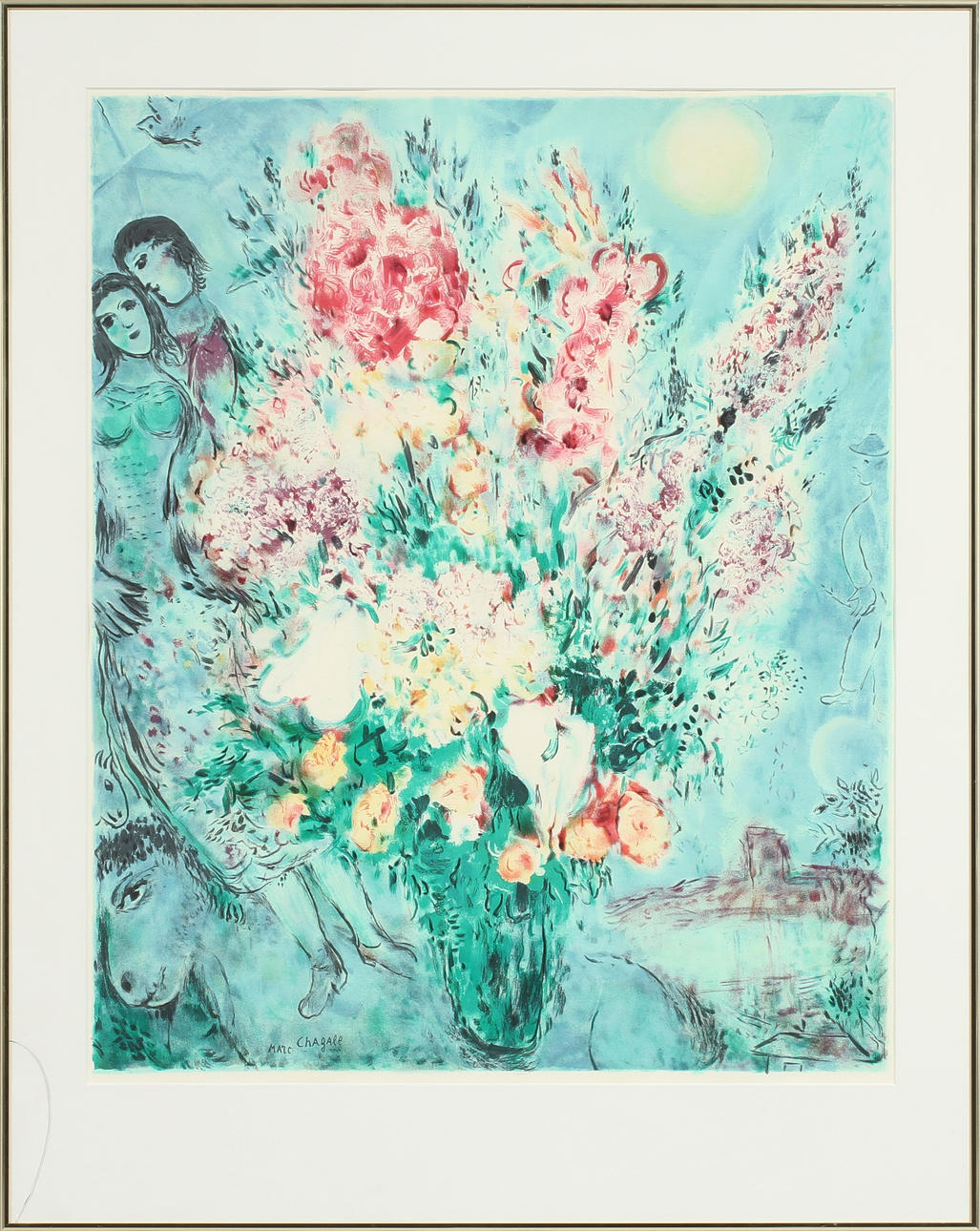 MARC CHAGALL. EFTER. Blommor och figurer, färglitografi, signerad i trycket.