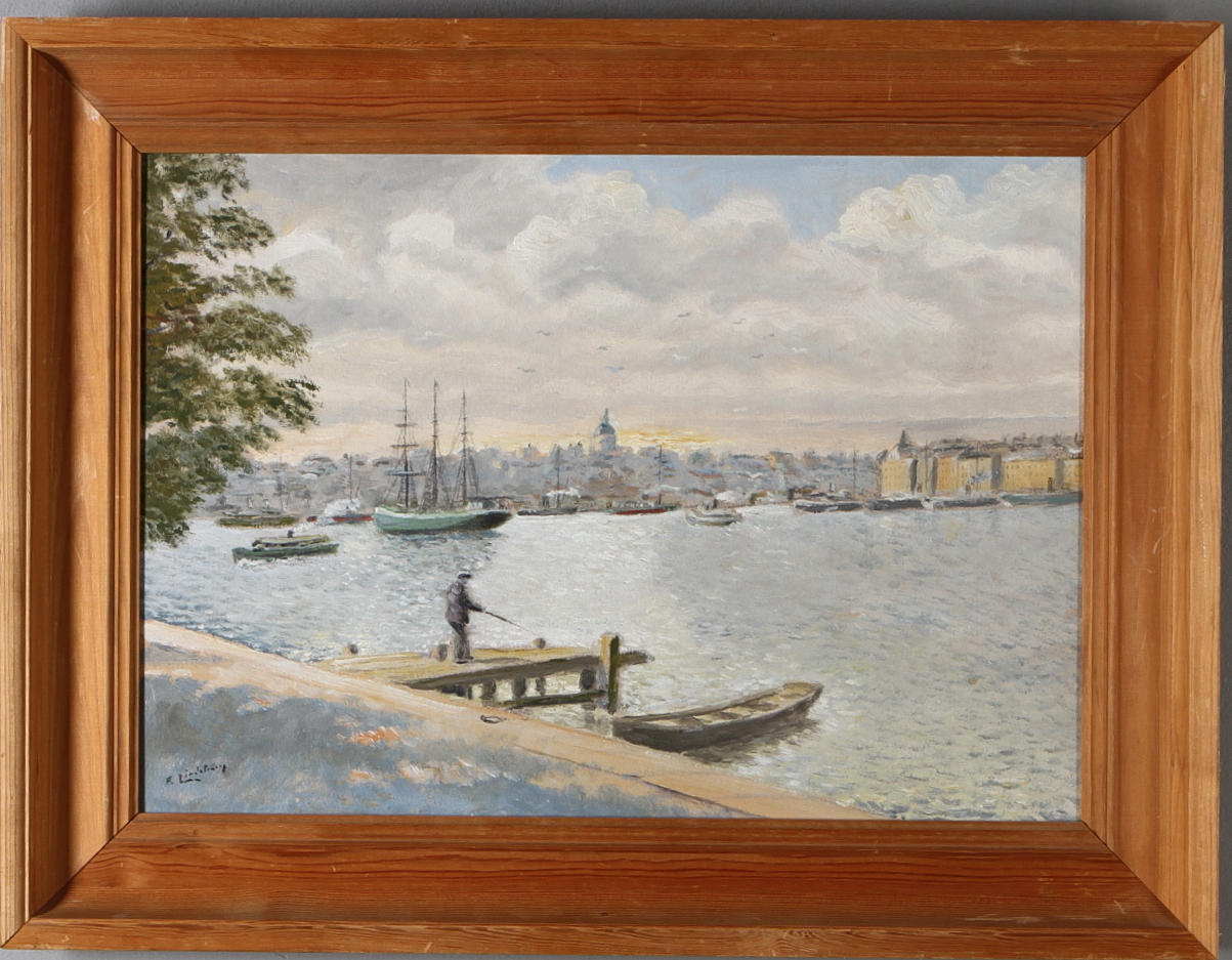 FRANS LINDSTRÖM. Motiv från Skeppsholmen mot Söder, olja på papp, signerad.