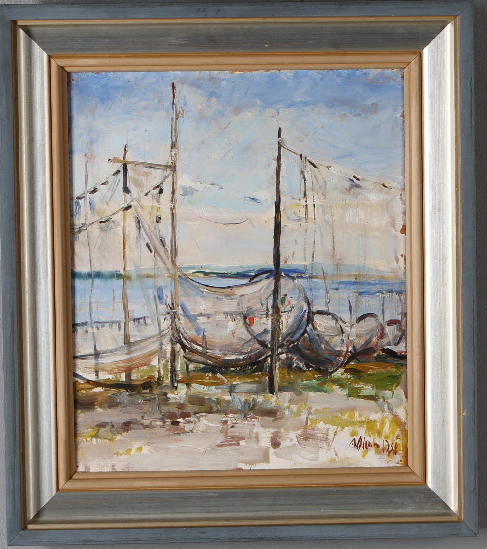 ANDERS OLSON. strandmotiv med åltinor, olja på pannå, signerad samt daterad 1938.