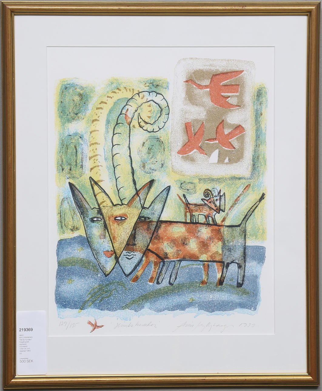 AINO MYLLYKANGAS. "Himla hunden". Färglitografi, signerad, numrerad 129/135 och daterad 1983.