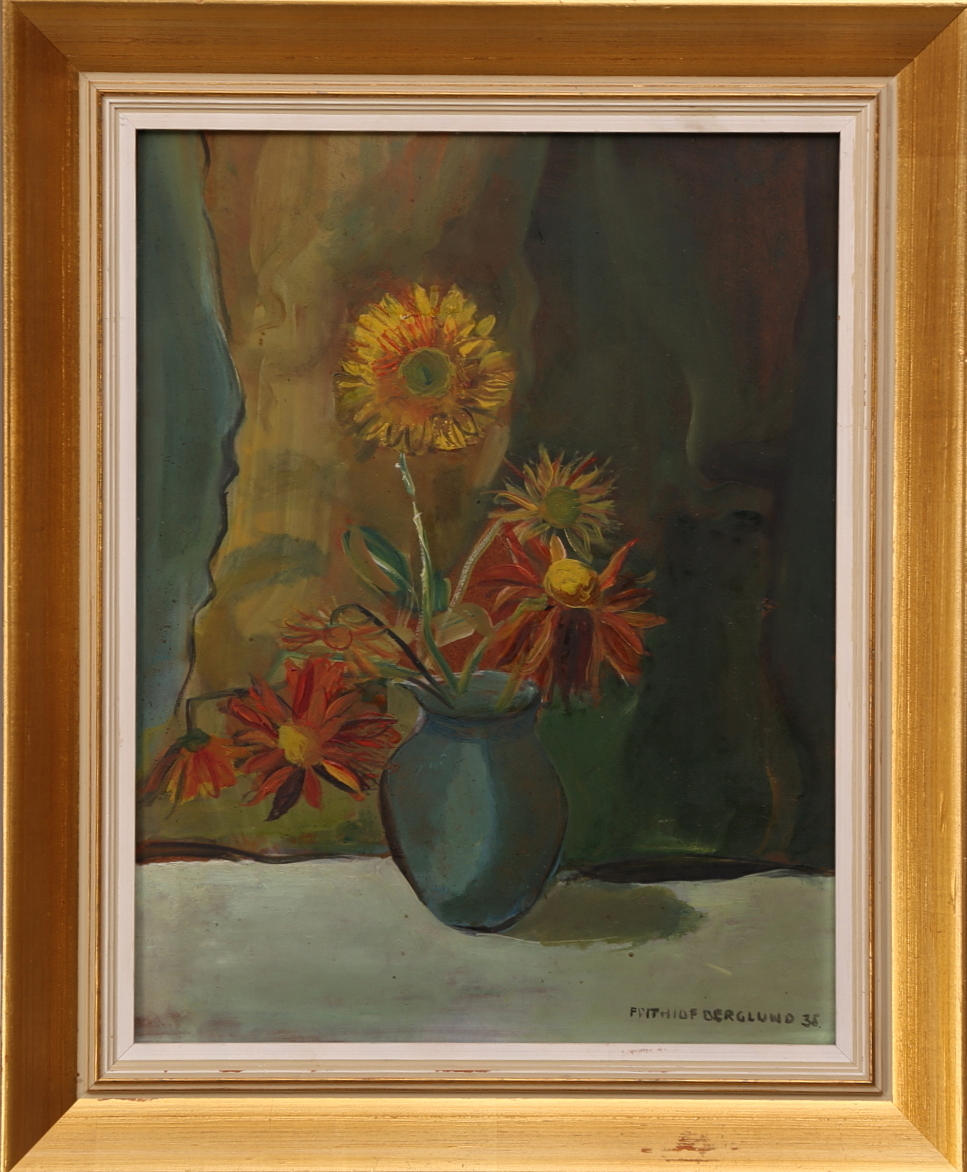 FRITHIOF BERGLUND. olja på pannå, signerad Frithiof Berglund -35, Blomsterstilleben.