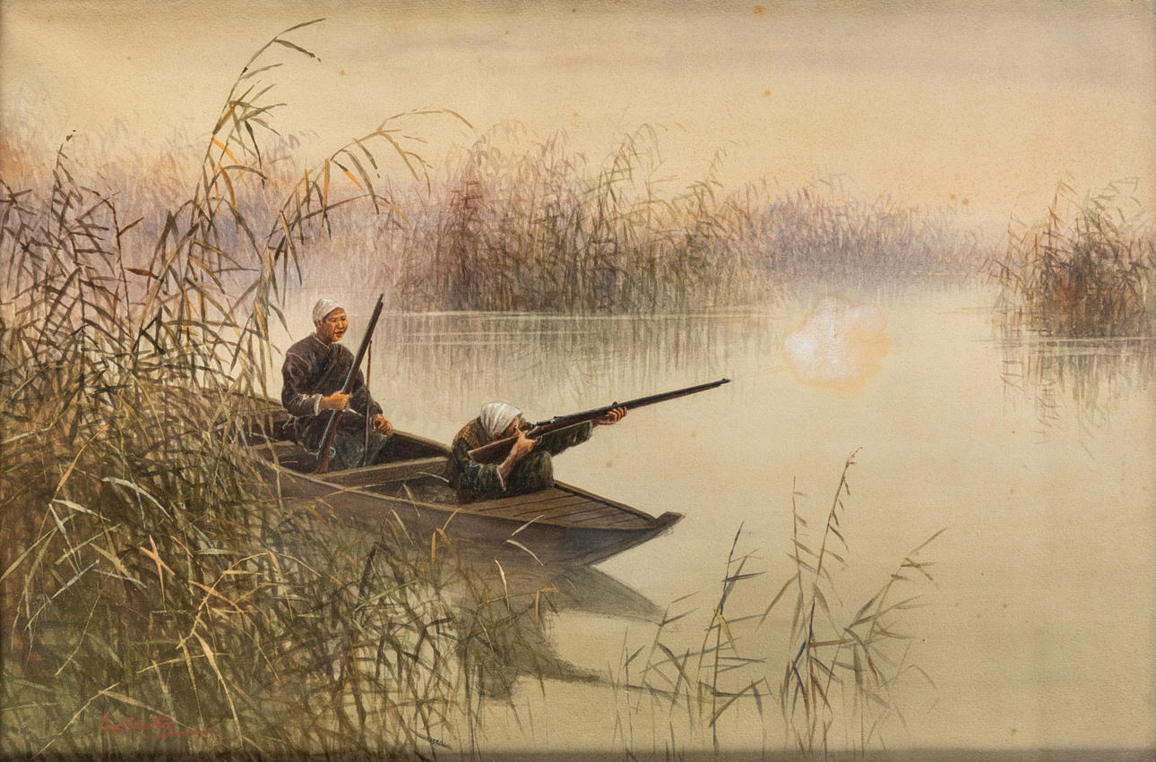 EIZÔ KATO (1906-1972). Ankkametsästystä ruokossa.