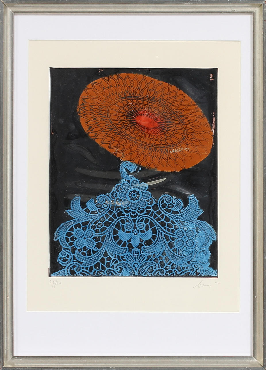 ENRICO BAJ. Blomma på folie, litografi, signerad och numrerad 29/60.