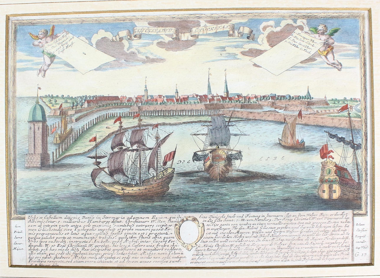 Kupferstich, koloriert, 'Glückstadt'.