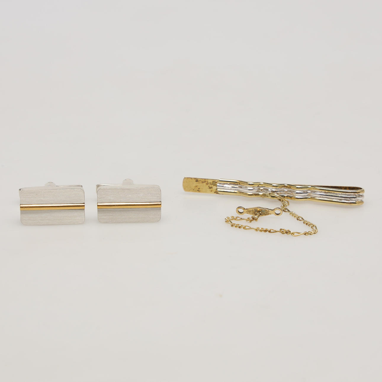 CUFF LINKS, ONE PAIR AND TIE PIN, sterling silver.