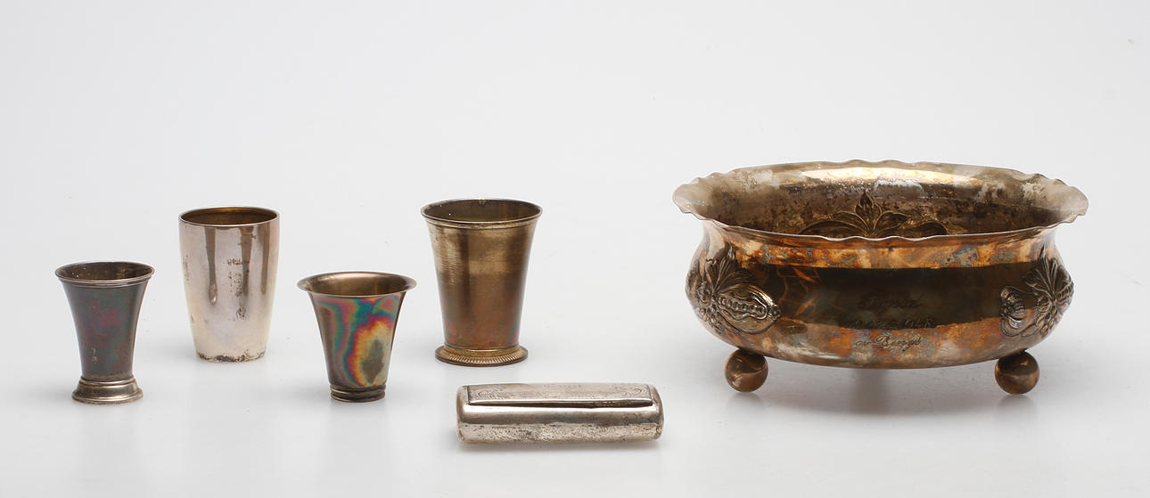 SILVERFÖREMÅL, 6 delar, 1900-tal, vikt ca. 457,4 gram.